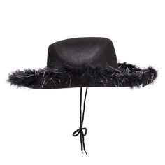 Get ready to ride off into the sunset in style with this black cowgirl hat with feathers! Whether you're headed to a Halloween party, rodeo, festival, or performance, this hat will instantly elevate your costume and show off your western flair. The felt black cowboy hat with feathers is explicitly designed for adults and is perfect for line dancing, bull riding, or running errands around town for that western-flair look. This cowboy hat is made from comfortable and breathable felt that will keep Winter Party Top Hat With Flat Brim, Flat Brim Top Hat For Winter Party, Halloween Party Felt Hat, Adjustable Flat Brim Halloween Costume Hat, Adjustable Hats For Summer Costume Party, Adjustable Flat Brim Hat For Halloween, Adjustable Flat Brim Halloween Hat, Black Summer Hat With Feather Trim, Summer Black Hats With Feather Trim