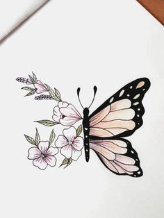 a drawing of a butterfly with flowers on it