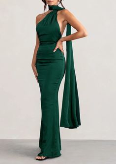 Fabric: Silk Satin Silhouette: Sheath/Column Neckline: Halter Hemline/Train: Floor-length Embellishment: Watteau Train Sleeve: Sleeveless Shown Color: Black Green Satin Dresses, Prom Dresses Tight Fitting, Premiere Looks, Prom Dress Tight, Pageant Outfits, Satin Design, Stretch Satin Fabric, Green Formal Dresses, Backless Maxi Dress