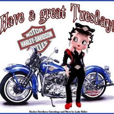 there is a cartoon girl standing next to a motorcycle with the words have a great tuesday on it