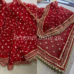 This is a Wedding Dupatta Red Color  made on orders. It is made using dyeable net fabric with pearl work all over.  We stitch beautiful brides lace to all sides of it. Dupatta is having a length of 100 inches and width of around 40 inches. I don't keep it readymade I only make it exclusively for my customers. Can be fully customised. Bridal Red Saree With Dupatta, Bridal Net Dupatta, Bridal Dupatta Lace, Bride Chunni Design, Red Chunni For Bride, Red Heavy Dupatta, Bridal Chunri Dupatta, Heavy Embroidery Dupatta Design, Bridal Chunni Design