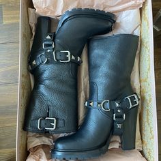 Gorgeous Never Worn Miu Miu Moto Boots, Bright Silver Hardware, Lug Sole, Lined With Black Shearling. Super Trendy And Feminine Size 39 On Box, I Wear A Size 9. Punk Leather Heeled Boots With Round Toe, Designer Calf Leather Moto Boots With Buckle Closure, Designer Moto Boots With Buckle Closure In Calf Leather, Luxury Leather Moto Boots With Buckle Closure, Punk Style Leather Heeled Boots With Buckle Closure, Designer Leather Boots With Buckle Closure, Winter Punk Moto Boots With Reinforced Heel, Punk Style Moto Boots With Reinforced Heel For Winter, Punk Moto Boots With Reinforced Heel For Winter