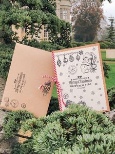 an open christmas card sitting on top of a tree