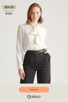 This polished blouse combines the best of both worlds. Wear the ties in a ladylike bow at the neck or leave them long and loose — whatever your mood calls for. Made of our bestselling premium mulberry silk, it has a hint of stretch for a flexible fit. Even better, it’s washable. As a bonus, silk fiber contains 18 kinds of amino acids that make it amazing for skin nourishment, hypo-allergenic, and naturally thermoregulating to help maintain body temperature.  | Quince | Women's Washable Stretch S Silk Fiber, Chic Shop, Tie Neck Blouse, Body Temperature, Best Of Both Worlds, Tie Neck, Mulberry Silk, Silk Ties, Amino Acids