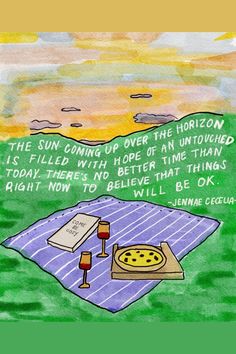 a drawing of a picnic blanket with a pizza on it and a wine glass in the foreground