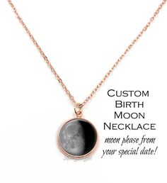 "Tell us a date that is special to you (birthday, anniversary, etc) and we'll create a moon phase charm from that night. Perfect gift for Mom or Grandma for Mother's Day, Wife or Girlfriend for Valentine's Day, Daughter for her birthday, etc! IMPORTANT: Please leave your dates in the \"notes to seller\" at check out. Please include the dates in these two formats to help ensure accuracy, example: January 28, 2005 & 01/28/2005 (MM/DD/YYYY). We use specific moon phase charts to calculate the bi Customizable Sterling Silver Rose Gold Jewelry, Customizable Rose Gold Sterling Silver Jewelry, Customizable Rose Gold Pendant Jewelry, Engraved Rose Gold Stainless Steel Jewelry, Customizable Rose Gold Round Pendant Jewelry, Customizable Rose Gold Round Pendant, Personalized Rose Gold Stainless Steel Necklaces, Rose Gold Stainless Steel Charm Necklaces For Mother's Day, Minimalist Engraved Jewelry For Birthday Gift