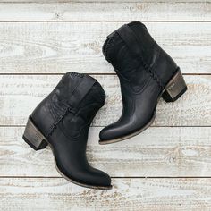 These are the not so plain, Plain Jane Shortie. A go-to must-have boot for every closet. Check out the beautiful distressed brown, butter soft leather, and braiding detail up the sides, and around the shaft opening. Great with jeans, dresses, skirts, or "Daisy Dukes". These are a little bit cowgirl, a little bit gypsy, and a whole lot of understated class. Liberty Black Boots, Lane Boots, Boots Cowgirl, Plain Jane, Black Cowboy, Western Ankle Boots, Daisy Dukes, Slip On Boots, Boot Types