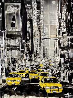 a painting of yellow cabs in the city