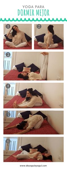 a woman laying on top of a bed in front of a mirror and doing yoga