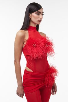 Fits true to size Features custom feather trim with diamantes attached Bust panel lining layer Snap buttons closure at crotch Red Sequin Outfit, Vogue Poses, The Golden Ratio, Fits Inspo, Feather Trim, Golden Ratio, New Tops, The Divine, Corsets