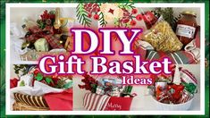 the words diy gift basket ideas are displayed