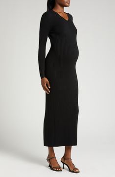 Slip into this cozy sweater-dress for the warm long sleeves and back-access nursing zipper for discreet style. 52" length Back zip closure V-neck Long sleeves Unlined 74% cotton, 26% nylon Hand wash, dry flat Imported Fitted Winter Maternity Dress, Black Long Sleeve Maternity Dress For Spring, Long Sleeve Maternity Wear Winter Dress, Casual Long Sleeve Maternity Dress For Fall, Black Fitted Long Sleeve Maternity Dress, Long Sleeve Maternity Dress For Fall, Fall Maternity Long Sleeve Dresses, Fall Maternity Dress With Long Sleeves, Fitted Long-sleeve Maternity Dress For Fall