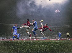 two soccer players colliding for the ball in front of their opponents during a game