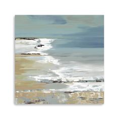 an abstract painting of the ocean with waves coming in to shore and blue sky above