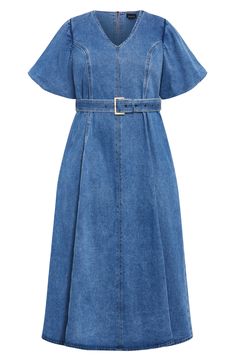 Elevate your office-casual look in this denim midi designed with a belted waist and airy flutter sleeves. 47" length Hidden back-zip closure V-neck Short sleeves Removable belt Unlined 100% cotton Machine wash, line dry Imported Long Denim Dress, Denim Midi Dress, African Clothing Styles, Mid Dresses, Office Casual, Clothing Styles, City Chic, Flutter Sleeves, African Clothing