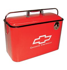 a red cooler with the chevrolet logo on it's side and black handlebars