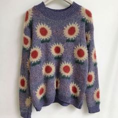 Spring Retro Knit Sweater, Knit Sweater With Flowers, Vintage Sweater Pattern Flower, Celestial Knit Sweater, Embroidered Knit Floral Sweater Chunky, Swag Clothes, Vintage Sun, Custom Closet, Harajuku Fashion