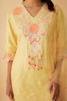 Yellow matka silk kurta with thread and sequins embroidery. Comes with pant and a dupatta. - Aza Fashions Spring Embroidered Tissue Silk Kurta, Yellow Embroidered Kurta For Reception, Yellow Kurta With Resham Embroidery For Reception, Chikankari Embroidery Dupatta For Spring Receptions, Spring Reception Dupatta With Chikankari Embroidery, Yellow Georgette Kurta With Floral Embroidery, Yellow Silk Salwar Kameez With Intricate Embroidery, Spring Reception Embroidered Dupatta, Yellow Silk Fabric With Chikankari Embroidery