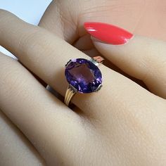 Ring width at top: 1/2 inch Ring Size: 9   Can be resized 6 to 10 Center stone: Amethyst.  Estimated 2 1/2 + carats Gift pendant height: 3 1/2 inches It is important that I turnover pieces that have been used in our costume/prop rentals. To show you my appreciation I'm incIuding a gift of a very fine late mid-century bold Navajo Kachina design pendant. I AM PRIMARILY A JEWELRY MANUFACTURER AND DIAMOND DEALER IN THE LOS ANGELES JEWELRY DISTRICT - dufaujewelry.com. PLEASE FEEL FREE TO MESSAGE ME WITH ANY QUESTIONS OR QUOTES ALONG THESE LINES Oval Amethyst Gemstones For Formal Occasions, Formal Oval Amethyst Gemstones, Classic Amethyst Oval Cabochon Ring, Oval Amethyst Ring Stamped 14k, Formal Amethyst Oval Cabochon Jewelry, Formal Amethyst Jewelry, Oval Cabochon, Classic Amethyst Ring Stamped 14k, Formal Purple Oval Cabochon Jewelry, Oval Amethyst Jewelry Collectible