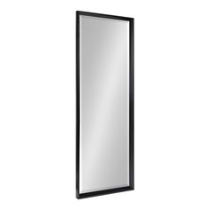 a mirror that is on the wall with a black frame and bottom edge, in front of a white background