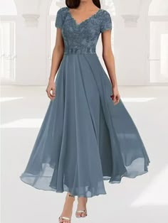 Women's Short Sleeve Summer Plain Lace Chiffon V Neck Tea Party Wedding Guest Mother of the Bride Elegant Maxi Formal A-Line Dress Green Purple Blue Mother Of The Bride Dress Blue, Casual Mother Of The Bride Dresses, Lds Fashion, Petite Formal Dresses, Petite Evening Dresses, Wedding Guest Dress Formal, Three Quarter Sleeve Dress, Bride Elegant, Chic Cocktail Dress