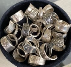 Fantastic gift for your loved ones.  2 for $25 silverplate mystery ring bundle!  You pick a size(s) and I will pick 2 rings to send you!  Let me know what sizes you want in the personization window. Please message me with any questions :) Gift bag included FREE RETURNS OR EXCHANGES IF YOU ARE UNSATISFIED WITH YOUR PURCHASE. Please just message me to resolve a problem before leaving a poor review.  The rings are made from preloved silverware so there may be some imperfections. You can request a s Old Silver Jewellery, Rings On Amazon, Lots Of Silver Rings, Metallic Rings, Stackable Silver Rings, Metal Working Jewelry, Rings Alt, Silver Jewelry Collection, Set Of Rings