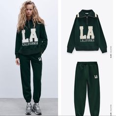 Brand New With Tags. Oversized Fit. Zara Sweatshirt With Letter Print For Fall, Zara Letter Print Sweatshirt For Fall, Zara Sporty Sweatshirt For Fall, Sporty Zara Sweatshirt For Fall, Casual Fall Sets With Ribbed Cuffs, Green Sporty Tracksuit For Fall, Green Athleisure Tracksuit For Fall, Fall Athleisure Pants With Letter Print, Casual Letter Print Sets For Fall