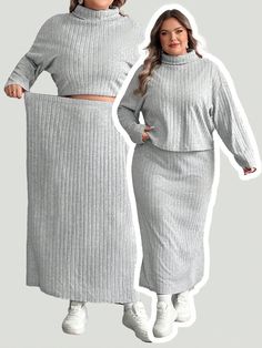 Plus Size Ribbed Turtleneck Top And Mini Skirt 2 Piece Set Light Grey Casual  Long Sleeve Knitted Fabric Plain  Medium Stretch  Women Plus Clothing, size features are:Bust: ,Length: ,Sleeve Length: Skirt 2 Piece Set, Work Polo Shirts, Ribbed Turtleneck Top, Fashion Tights, Turtleneck Top, Ribbed Turtleneck, Turtle Neck Top, 2 Piece Set, Kids Sleepwear