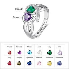 Double Stone Personalized Ring For Women has silver heart shape in center of ring with two heart shape stones on it which are birth stones, it has small silver stones covering one side of the heart making it look more beautiful. It can be personalized by engraving two names on it making it a perfect gift for women on occasion like wedding, engagement or anniversary. Features: Color: Silver Material: Silver Style: Personalized Size: Available Size: US - 6/7/8/9 Weight: 3.4g Size Chart: Size Circu Personalized Silver Heart Ring For Valentine's Day, Valentine's Day Silver Heart Birthstone Ring, Personalized White Gold Heart Ring For Mother's Day, Personalized Heart Ring For Valentine's Anniversary, Silver Heart-shaped Birthstone Ring, Personalized Silver Birthstone Ring For Valentine's Day, Personalized Silver Birthstone Ring For Anniversary, Personalized Double Heart Ring For Valentine's Day, Personalized Heart Birthstone Ring In Sterling Silver