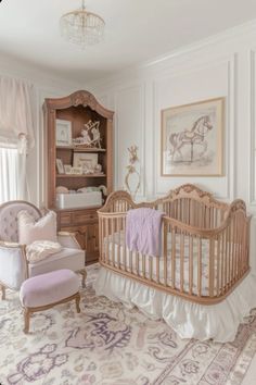 a baby's room with a crib, chair and dresser