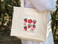 Strawberry Punch Needle Tote Bag, Embroidered Floral Shoulder Bag, Strawberry Market Bag, Hand Tufted Tote, Eco Friendly Grocery Bag - Etsy Vietnam Rectangular Shoulder Bag With Embroidered Logo For Daily Use, Rectangular Canvas Bag With Embroidered Logo For Everyday Use, Embroidered Rectangular Canvas Bag For Everyday Use, Everyday Cream Embroidered Bag, Everyday Embroidered Cream Bag, Embroidered Beige Canvas Bag For Everyday Use, Beige Embroidered Canvas Bag For Everyday, Rectangular Canvas Bag With Floral Embroidery For Daily Use, Everyday Embroidered Rectangular Canvas Bag