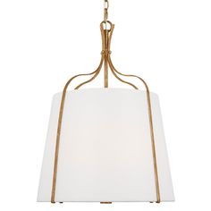 a light fixture with a white shade on the bottom and gold trimming around it