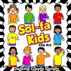 Sol-fa Kids - Clip art children showing Curwen / Kodaly handsigns.  Fantastic choir resource or teaching resource for singing. Do, re, mi, fa, so, la, ti, do plus low la and ti, and high re and mi. Kodaly Hand Signs, Kids Clip Art, Music Theory Worksheets, Choir Director, Create Music, Hand Signs, Solfege