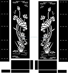 two black and white panels with flowers on them, one is in the water while the other