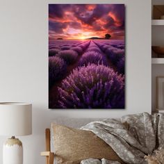 a bedroom scene with focus on the lavender field