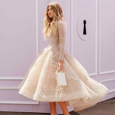 Robe Raelyne Wedding Gown Simple Elegant, Elle Ferguson, Wedding Gown Simple, Hijab Dress Party, Paolo Sebastian, Soiree Dress, Tea Length Wedding Dress, Engagement Dresses, Tea Length