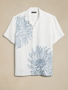 Louis Linen Resort Shirt | Banana Republic Men Embroidery Shirts Ideas, Summer Embroidered Button-up Camp Shirt, Embroidered Button-up Camp Shirt For Summer, White Embroidered Summer Camp Shirt, White Embroidered Camp Shirt For Summer, Designer Clothes For Men Fashion, Embroidered Shirts Men, Embroidered Vacation Tops With Camp Collar, Embroidered Camp Collar Shirt For Summer