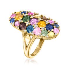 Ross-Simons - 5.75ct t. w. Multicolored Sapphire Ring, .20ct t. w. Diamonds. Size 8. Like colorful confetti from the most elegant soiree, this vibrant gemstone ring will give you a reason to celebrate! 5.75 ct. t. w. multicolored sapphires put on a show alongside .20 ct. t. w. round brilliant-cut diamonds in polished 14kt yellow gold. 1" wide. Diamond and multicolored sapphire ring. Luxury Multicolor Sapphire Ring For Formal Occasions, Oval Multicolor Gemstones For Anniversary, Multicolor Oval Gemstones For Anniversary, Formal Multicolor Diamond Gemstones, Yellow Gold Multi-stone Rings For Party, Multicolor Brilliant Cut Sapphire Ring For Formal Occasions, Multi-stone Party Rings, Fine Jewelry Style, Elegant Multicolor Brilliant Cut Sapphire Ring, Fine Jewelry Multi-stone Rings For Party