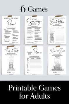 six printable games for adults to play in the game room with their names on them