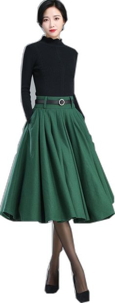 Fall A-line Pleated Maxi Skirt, Belted Flared Pleated Skirt, Fall A-line Skirt With Pleated Hem, Winter Fitted Belted Skirt, Green Pleated Maxi Skirt For Fall, Winter Solid Pleated Skirt, Green Pleated Skirt For Fall, Solid Color A-line Pleated Skirt For Fall, Solid A-line Pleated Skirt For Fall