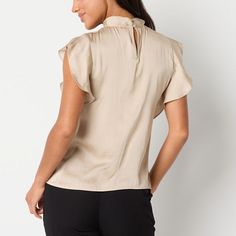 This Worthington women's blouse offers a chic and effortless look thanks to its keyhole neckline and short ruffled sleeves. It's made from smooth satin and has a regular-fit, a banded collar, and a loop-and-button closure at the back. Wear it with trousers and heels for a dressy look or keep it casual with jeans and flats. Closure Type: Loop & ButtonFit: Regular FitNeckline: Keyhole NeckSleeve Length: Short SleeveSleeve Style: Ruffled SleeveApparel Length: 25.5 InchesFiber Content: 100% Polyest… Summer Ruffle Sleeve Tops In Solid Colors, Summer Tops With Ruffle Sleeves In Solid Color, Summer Solid Color Tops With Ruffle Sleeves, Elegant Flutter Sleeve Blouse For Work, Elegant Short Sleeve Blouse In Solid Color, Versatile Short Sleeve Top For Spring Workwear, Elegant Ruffle Sleeve Tops For Office, Elegant Short Sleeve Solid Color Blouse, Summer Office Blouse With Ruffle Sleeves