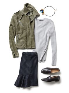 Add a ultra feminine twist to your menswear inspired look. Pair out classic stripe skirt with flared hem detail with a traditional suede moto jacket and a soft tee for an effortlessly chic, go anywhere look | Banana Republic Fall Motorcycling Long Sleeve Outerwear, Casual Long Sleeve Leather Jacket For Motorcycling, Winter Long Sleeve Motorcycle Outerwear, Casual Winter Outerwear For Motorcycling, Casual Leather Jacket For Spring Motorcycling, Long Sleeve Biker Jacket For Fall Workwear, Fall Long Sleeve Leather Motorcycling Jacket, Fitted Casual Leather Jacket For Fall, Fall Motorcycling Leather Jacket With Long Sleeves