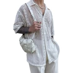 Size:S,M,L,XL,2XL,3XL,4XL,5XL Fabric Material100%Polyester Suitable Type:Fit Style:Basics Occasion:Leisure Pattern:Printing Thickness:Moderation Colour:White Product Description:Men's summer shirt Package Included: 1 * Shirt Gender: male.  Age Group: adult.  Pattern: floral. Lace Top Men, Feminine Men Fashion, Lace Button, Pattern Blouse, Sleeve Men, Shirt Printing, Style Tops, Blazer With Jeans, Men Shirt Style