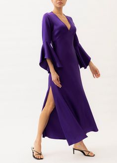 purple maxi dress Elegant Silk V-neck Gown, Elegant Purple V-neck Gown, Silk Maxi Dress With Satin Finish For Formal Occasions, Silk V-neck Gala Dress, Formal Silk Dress With Satin Finish, Silk Maxi-length Evening Gown, Purple Silk Evening Dress, Silk Purple Evening Dress, Silk Crepe Maxi Dress For Party