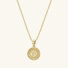 Radiate in our Sun necklace. - Waterproof, tarnish resistant & hypoallergenic- Made in gold vermeil: a thick 18k gold layer on sterling silver.- Adjustable chain 17 to 18 in.- Pendant size: 12.5 mm Celestial Yellow Gold Charm Necklaces For Everyday, Celestial Yellow Gold Charm Necklaces, Everyday Gold Plated Tarnish Resistant Medallion Necklace, Everyday Gold-plated Tarnish Resistant Medallion Necklace, Everyday Gold-plated Tarnish-resistant Medallion Necklace, Everyday Gold Sterling Silver Coin Necklace, Everyday Gold Coin Necklace In Sterling Silver, Yellow Gold Medallion Necklace With Adjustable Chain For Everyday, Everyday Yellow Gold Medallion Necklace With Adjustable Chain