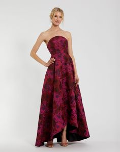 Strapless Brocade High Low A Line Gown Bride Groom Dress, Designer Prom Dresses, Western Chic, Daytime Dresses, Mac Duggal, Tea Length Dresses, A Line Gown, Brocade Fabric, Groom Dress