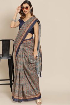 Buy Multicolor Cotton Block Printed Saree Online - Front Bollywood Style Multicolor Block Print Pre-draped Saree, Multicolor Pre-draped Saree For Eid, Festival Block Print Pre-draped Saree, Multicolor Pre-draped Saree For Transitional Season, Cotton Silk Pre-draped Saree For Diwali, Diwali Cotton Silk Pre-draped Saree, Bohemian Multicolor Block Print Pre-draped Saree, Festive Multicolor Block Print Pre-draped Saree, Silk Pre-draped Kalamkari Saree