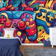 a bed room with a neatly made bed next to a wall covered in colorful art