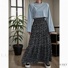 Lasaky - High-waisted Frayed-edge Blended Knitted A-line Skirt Casual Black Maxi Skirt For Winter, Casual Black Lined Maxi Skirt, Black Pleated Casual Maxi Skirt, Casual Black Pleated Maxi Skirt, Casual Black Flowy Skirt, Trendy Long Black Skirt, Casual Black Flared Skirt, Casual Black Maxi Skirt For Day Out, Casual Tiered Maxi Skirt For Winter