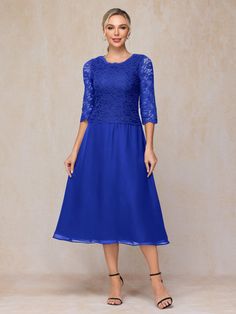 Royal_Blue Mother Of The Groom Dress, Dresses With Lace, White Wisteria, Tea Length Dress, Lace Neckline, Royal Blue Dresses, Sleeves Dress, Tea Length Dresses, Mother Of The Bride Dress